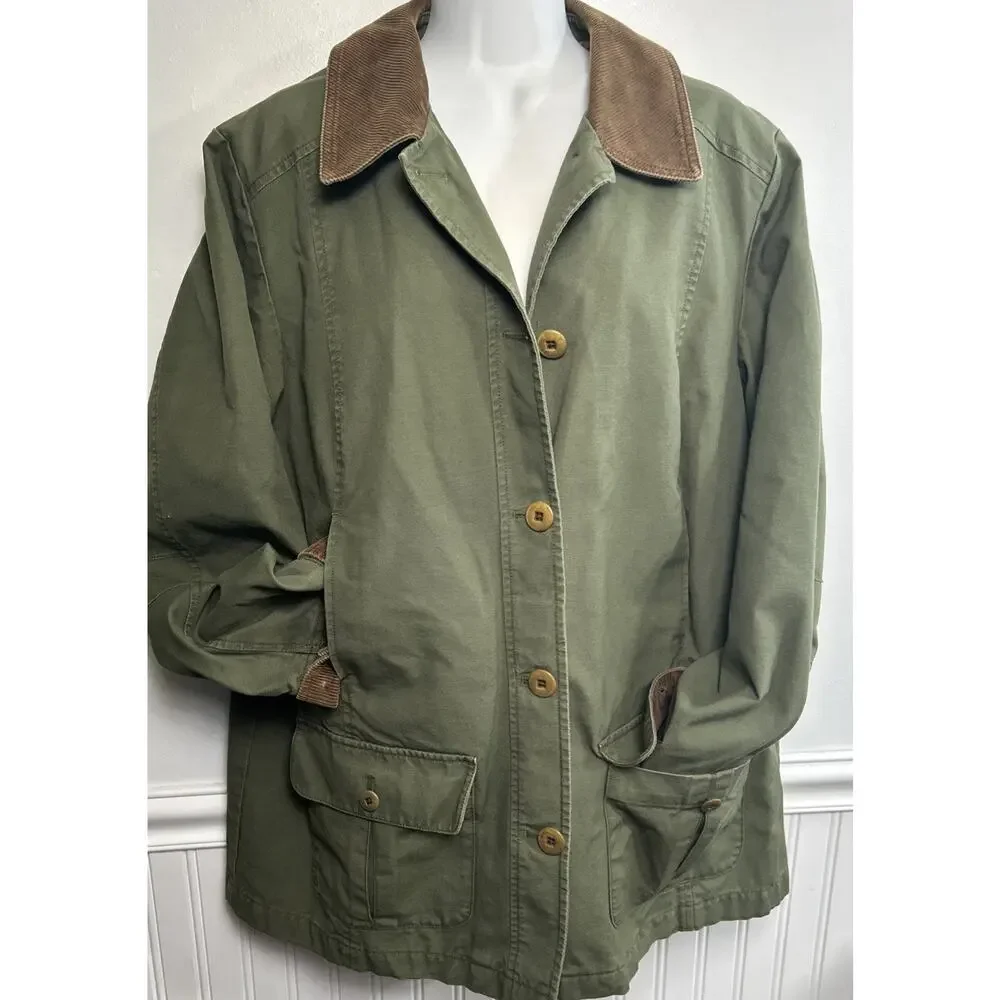 LL Bean Jacket Barn Chore Field Coat Corduroy Trim Flannel Lined Green Women M - Picture 3 of 11